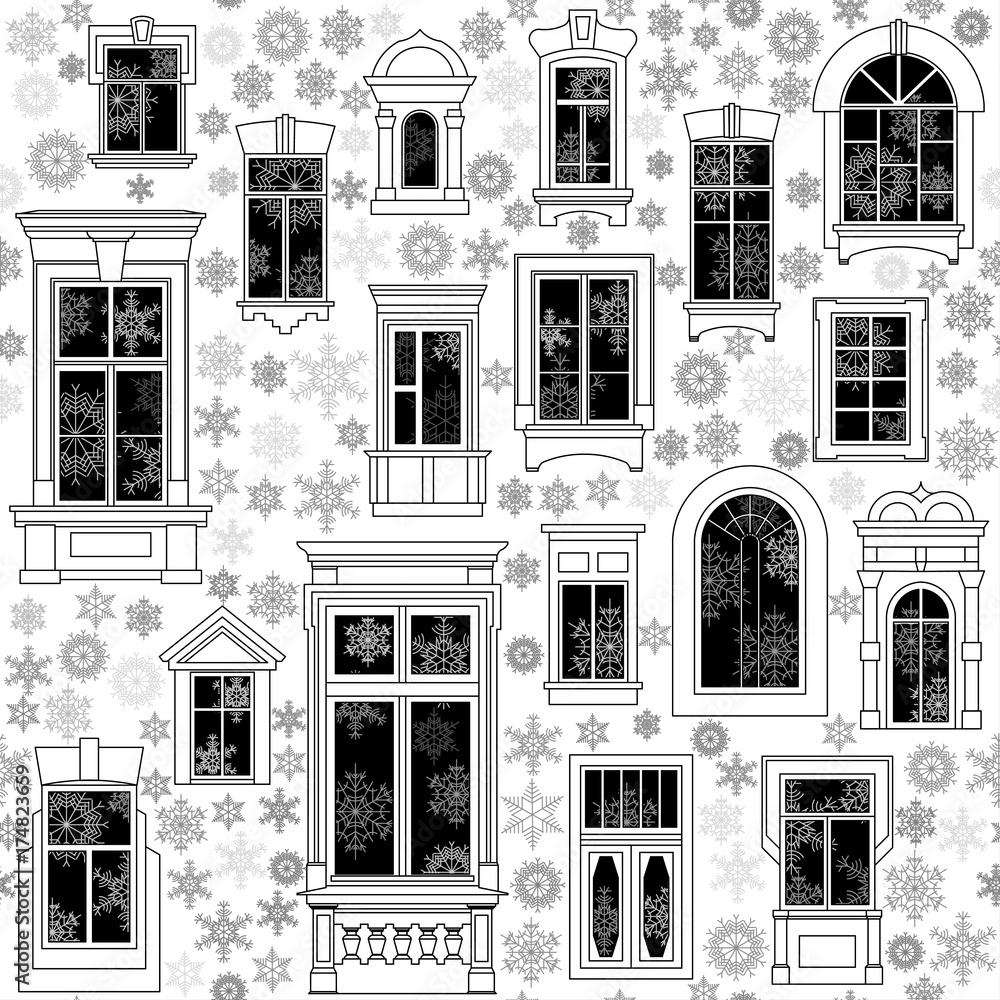 Poster seamless vector christmas pattern from different old windows and snowflakes inside and outside. whit