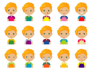 Set of Cartoon cute redheaded caucasian boy face emotions Vector Icons. Set of 15 emotions.
