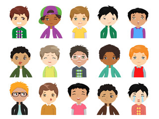 Set of Cartoon cute  multi-ethnic boys face emotions Vector Icons. Set of 15 emotions. Funny kids of different races with various hairstyles.