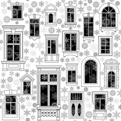 Seamless vector christmas pattern from different old windows and snowflakes inside and outside. White background, black windows and outline.