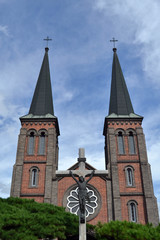 Fototapeta premium The cross at Daegu Cathedral. Pic was taken in August 2017.