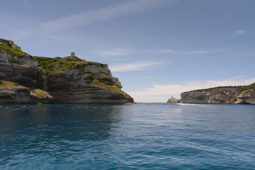 Fototapeta premium View of Bonifacio harbour built on top of cliff rocks, Corsica island, France