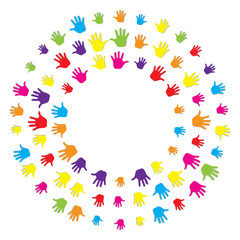 Abstract stylized multicolored circle of human palm hand. Holiday of friendship. Vector illustration