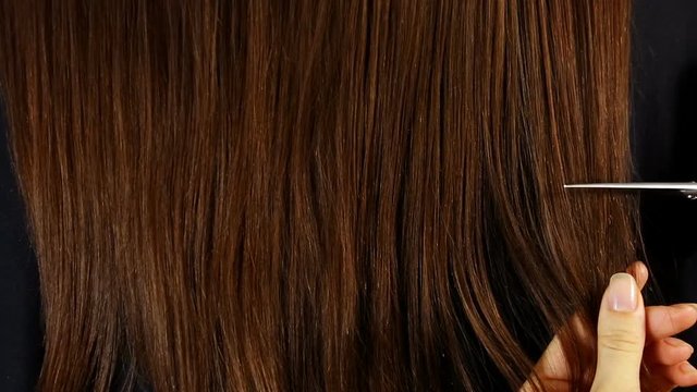 Hair cutting with scissors. Hairdresser do haircut closeup.