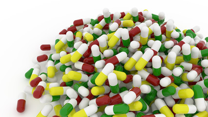 Health conceptual with bunch of capsules, medicine or pills, isolated on white background, 3D rendering image