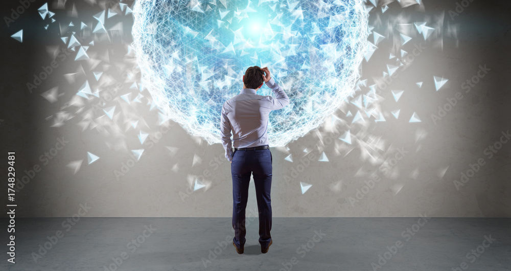 Poster businessman using digital planet earth interface on a wall 3d rendering