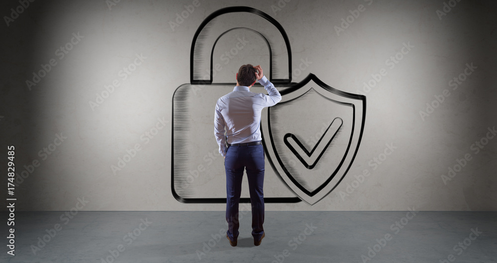 Aufkleber Businessman watching internet security interface sketch on a wall 3D rendering
