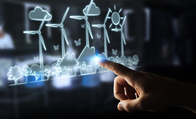 Businesswoman touching renewable energy sketch