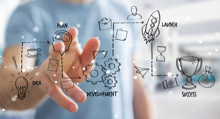 Businessman using manuscript project presentation with his hand