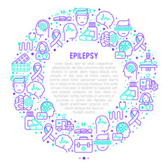 Epilepsy concept in circle with thin line icons of symptoms and treatments: convulsion, disorder, dizziness, brain scan. World epilepsy day. Vector illustration for banner, web page, print media.