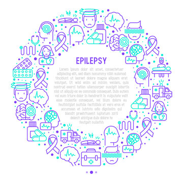 Epilepsy concept in circle with thin line icons of symptoms and treatments: convulsion, disorder, dizziness, brain scan. World epilepsy day. Vector illustration for banner, web page, print media.