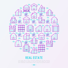 Real estate concept in circle with thin line houses and trees. Modern vector illustration for background of banner, web page, print media.