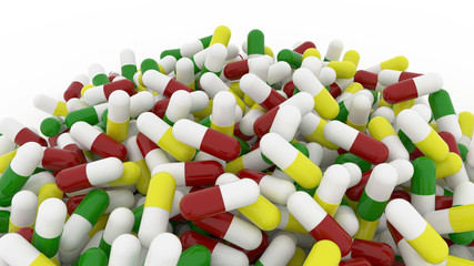 Health conceptual with bunch of capsules, medicine or pills, isolated on white background, 3D rendering image