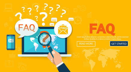 FAQ website banner. Vector illustration concept for frequently asked questions or questions and answers, client or customer support, product and service information. - obrazy, fototapety, plakaty