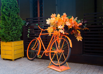 Orange bicycle with autumn leaves.