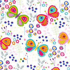 Colorful butterfly and abstract flowers pattern
