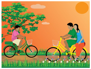 people drive bicycle in park vector design