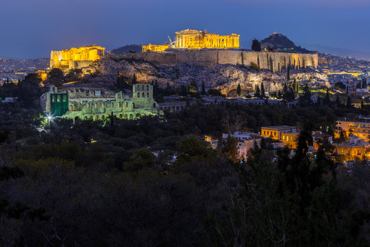View of the Acropolis at night from Filopappos hill, Athens, Greece