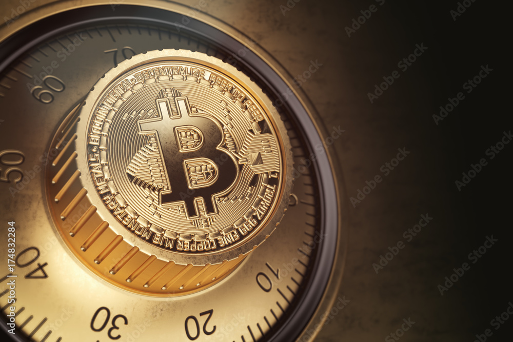 Poster safe lock with symbol of bitcoin. bitcoin cryptocurrency security and protection of anonymity concep