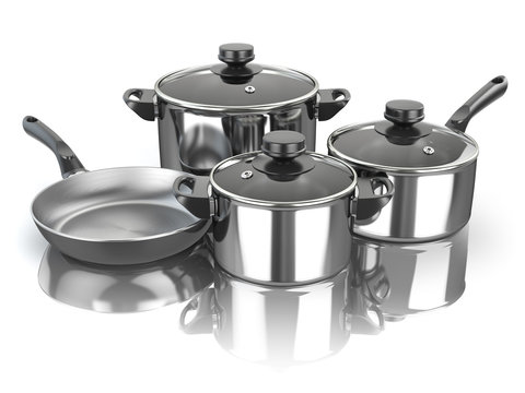 Pots and pans. Set of cooking stainless steel kitchen utensils and cookware.