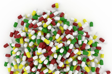 Health conceptual with bunch of capsules, medicine or pills, view from top, isolated on white background, 3D rendering image