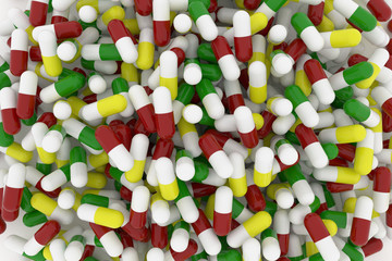 Health conceptual with bunch of capsules, medicine or pills, view from top, isolated on white background, 3D rendering image