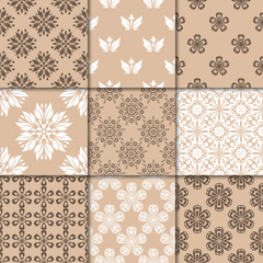 Brown beige floral ornaments. Collection of seamless patterns
