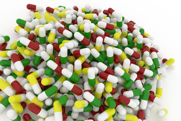 Health conceptual with bunch of capsules, medicine or pills, view from top, isolated on white background, 3D rendering image