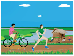 Fototapeta premium the lady run exercise at countryside vector design