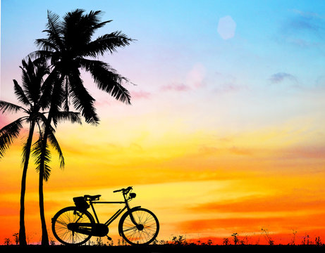 silhouette vintage bike on blurry sunset.
