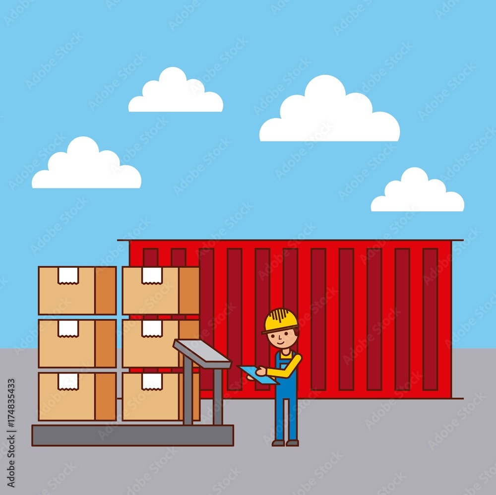 Poster logistic worker and container cradboard boxes on scale weight vector illustration
