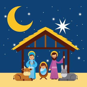 merry christmas holy family traditional religious scene of the manger vector illustration
