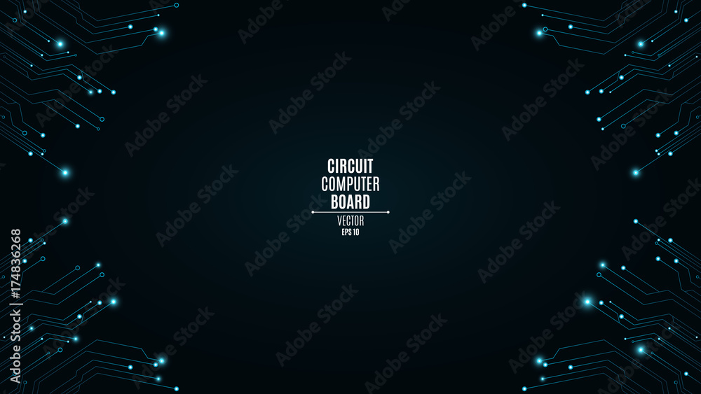 Poster horizontal background from computer board with luminous blue connectors. circuit computer board. hig