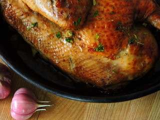 Grilled chicken with garlic. Top view.