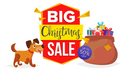 Christmas Dog Sale Banner Template Vector. Sale Background Illustration. For Web, Flyer, Xmas Card, Advertising. Isolated