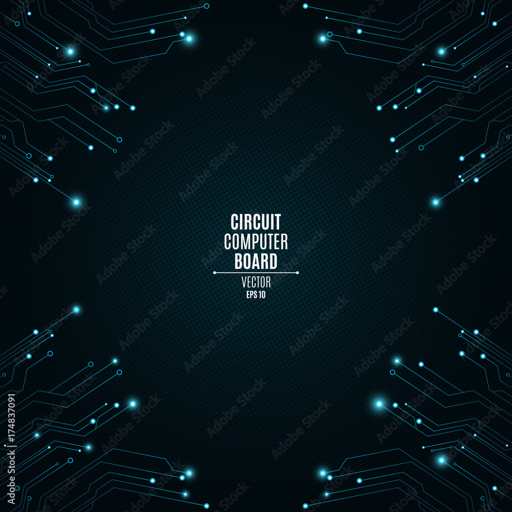 Poster background from a computer board with luminous blue connectors. circuit computer board. the pattern 