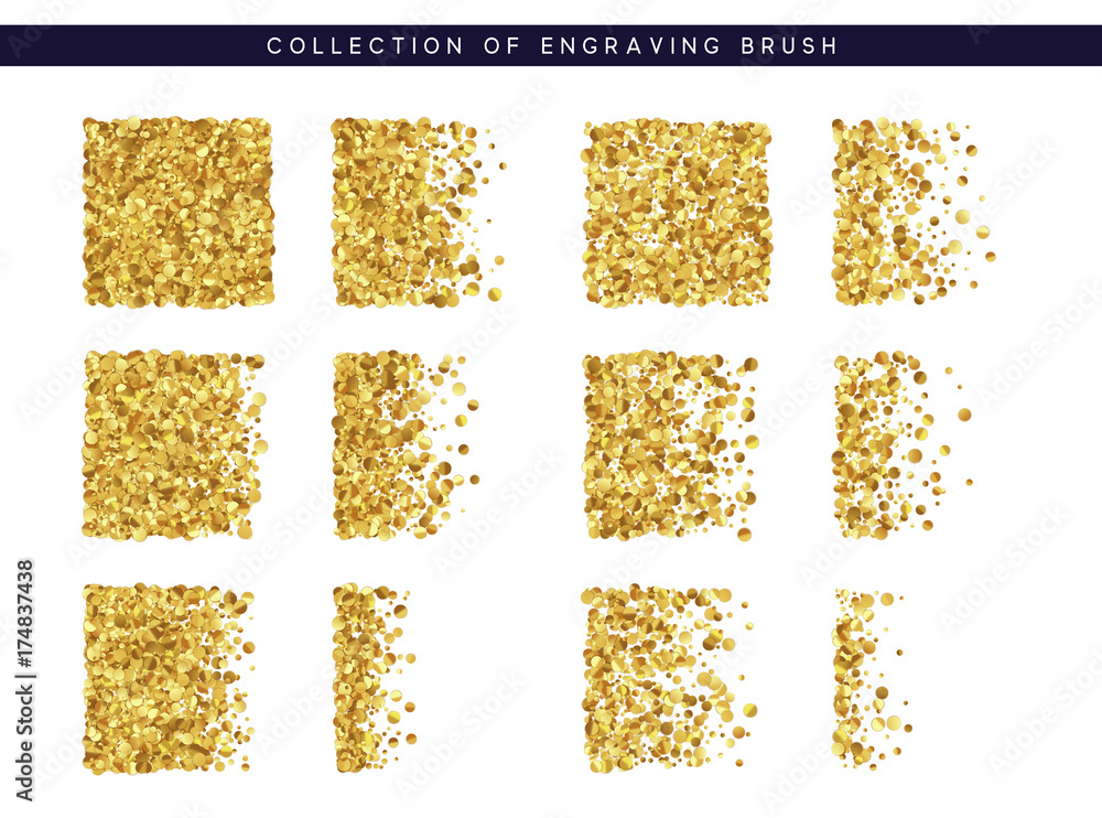 Poster set of brush stipple gold pattern for design. dot texture. spot shade engraving retro to create brus