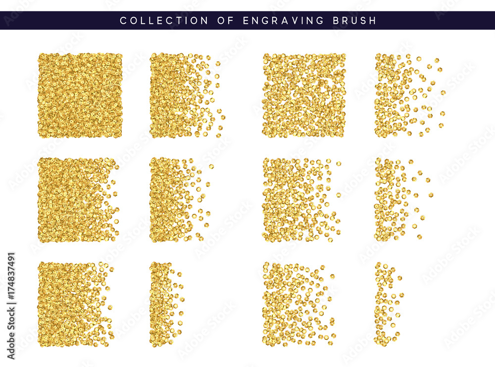 Poster gold sequins texture. set brush stipple pattern for design.