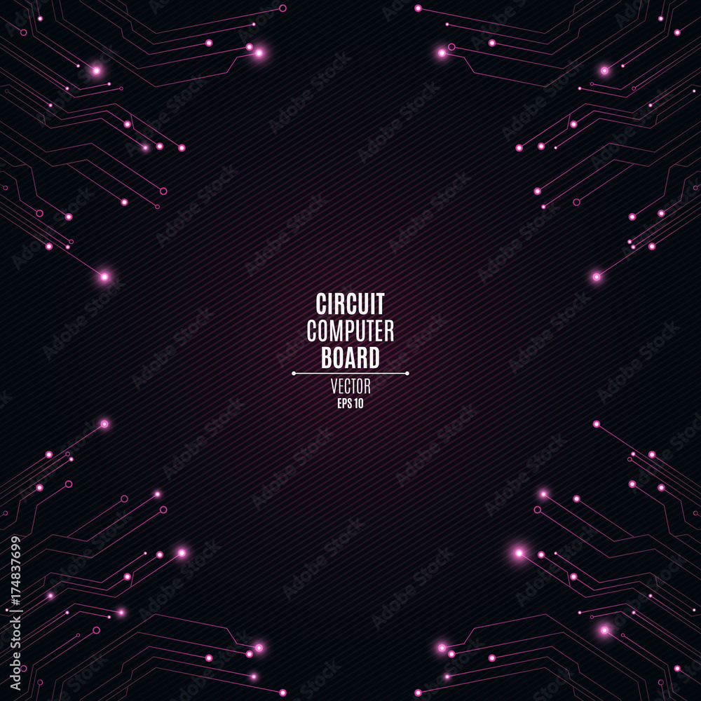 Poster background from computer board with luminous pink connectors. circuit computer board. pattern of inc