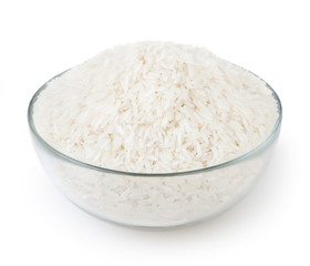 Uncooked white long-grain jasmine rice isolated on white background with clipping path