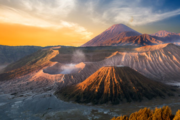 Mount Bromo volcano (Gunung Bromo) during sunrise from viewpoint on Mount Penanjakan, in East Java,...