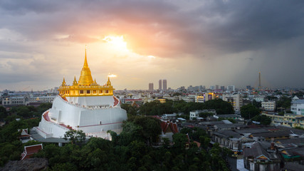 Beautiful Golden Mount Temple Fair, Golden Mount Temple in Bangkok at dusk,  The most travel Landmark of Bangkok Thailand during sunset.