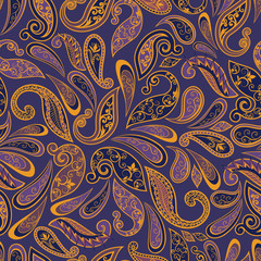 Seamless pattern in ethnic traditional style. Abstract vintage pattern with decorative flowers, leaves and Paisley pattern in Oriental style.