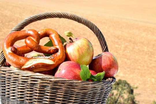 Korb mit &Auml;pfeln und Brezel