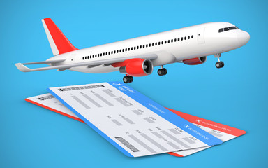 3d render of two airline, air flight tickets with airplane, airliner on the blue background.