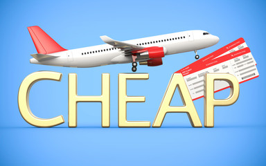 3d render airline, air tickets with airplane, airliner and gold text is cheap, on the blue background. Symbolizing cheap flight tickets.