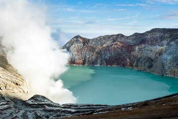 View from Ijen Crater, Sulfur fume at Kawah Ijen, Vocalno in Indenesia