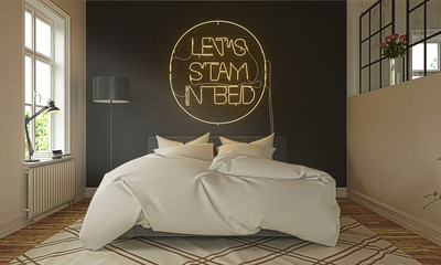 Camera da letto di notte con insegna al neon, illustrazione 3d