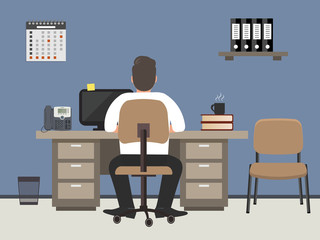 Workplace of office worker. The man is an employee at work, he is sitting at a desk. There is a phone, a shelf with folders and other objects in the picture. Vector flat illustration
