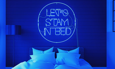 Camera da letto di notte con insegna al neon, illustrazione 3d
